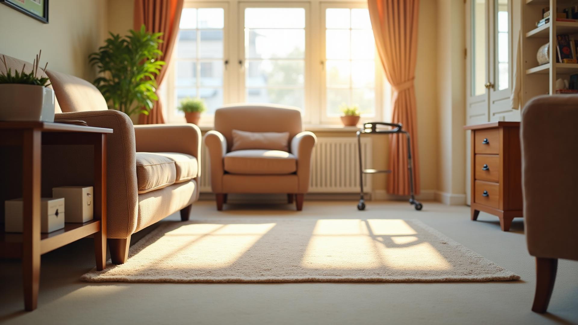 Safe, clean senior living room with pristine carpets