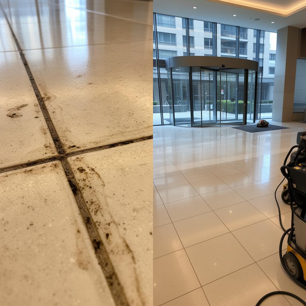 Before and after tile and grout cleaning in a strata building lobby