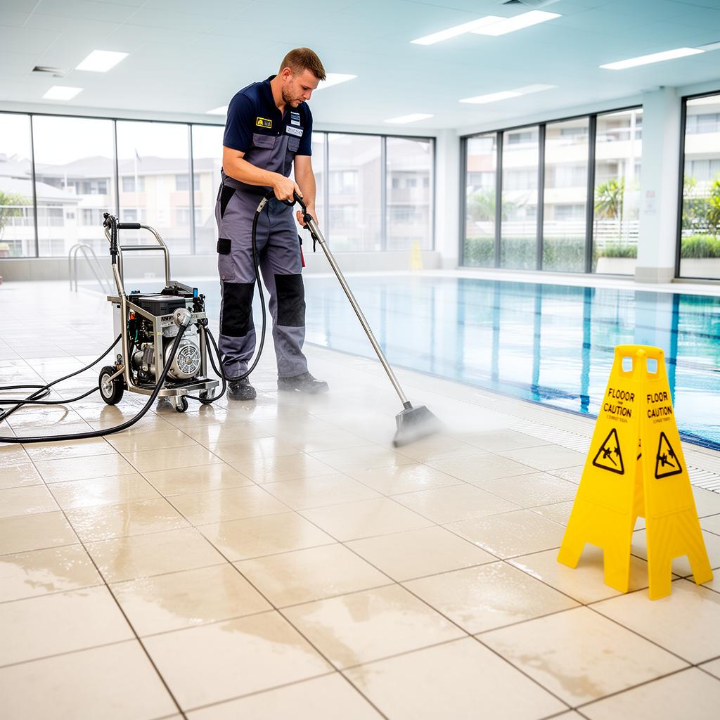 Professional tile cleaning at a strata pool deck